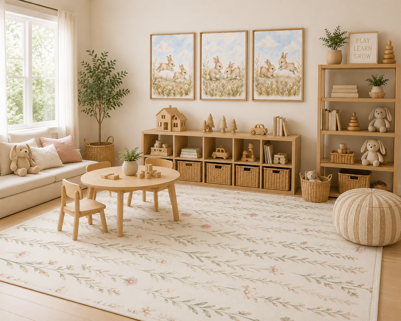A beautifully styled children's playroom featuring a large floral cream rug with a delicate green and pink floral vine pattern, a small round wooden table and chairs, wooden storage cubbies, a striped pouf, and three framed animal prints on the wall.
