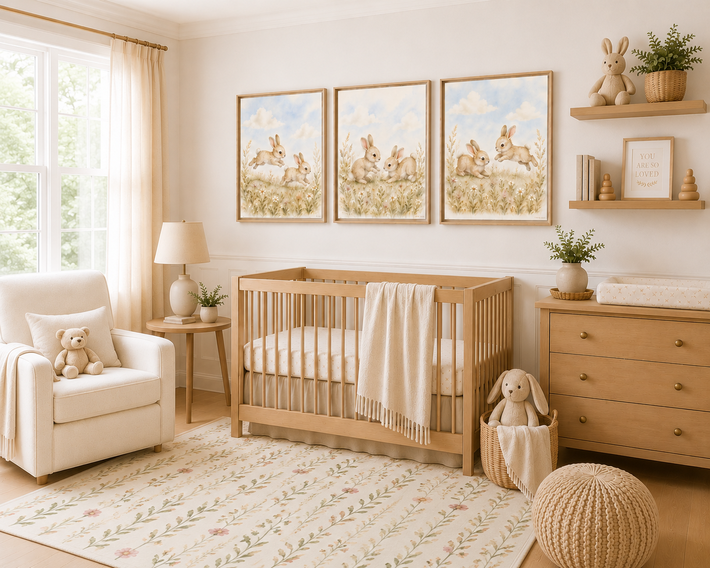 A styled nursery room featuring a light wood crib with a cream blanket, a white armchair with a teddy bear, a wooden dresser, and three framed prints of bunnies hanging on the wall.