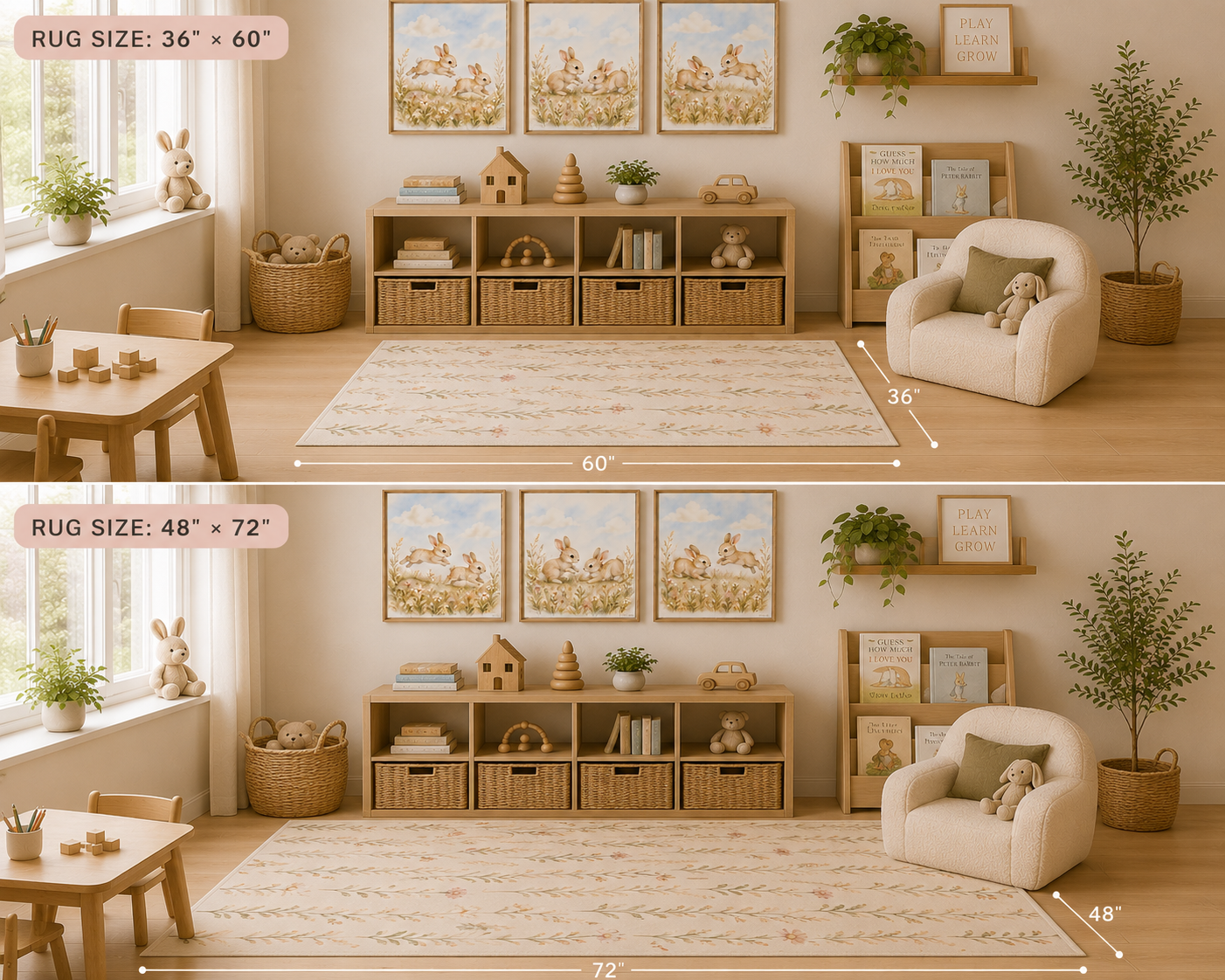 A split comparison showing two rug sizes in a styled children's room. The top panel shows a smaller rug labeled 36" x 60", and the bottom panel shows a larger rug labeled 48" x 72".