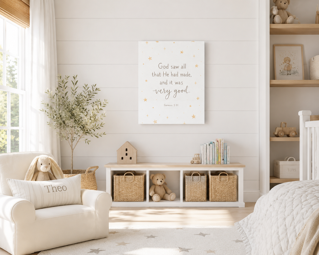 A styled children's bedroom featuring a white canvas wall art print with a gold quote and stars, hung on a white shiplap wall above a white storage bench with woven baskets and teddy bears.