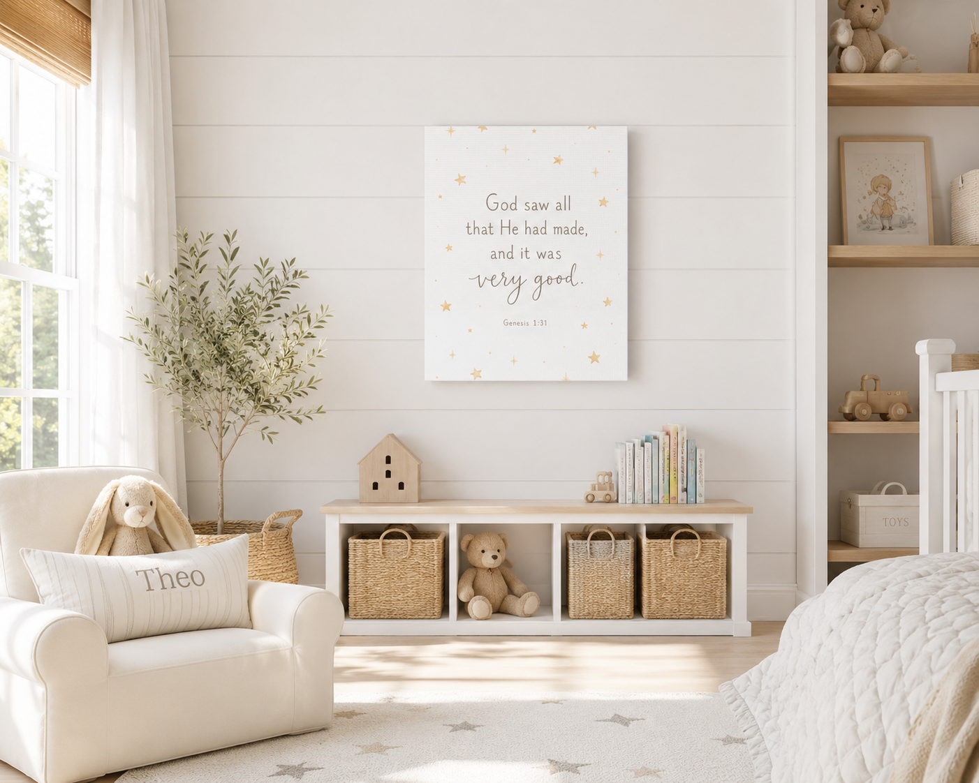 A styled children's bedroom featuring a white canvas wall art print with a gold quote and stars, hung on a white shiplap wall above a white storage bench with woven baskets and teddy bears.