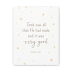 A square wall art print with a white textured background, featuring the Genesis 1:31 Bible verse, 'God saw all that He had made, and it was very good.' in brown lettering, accented with scattered gold stars.