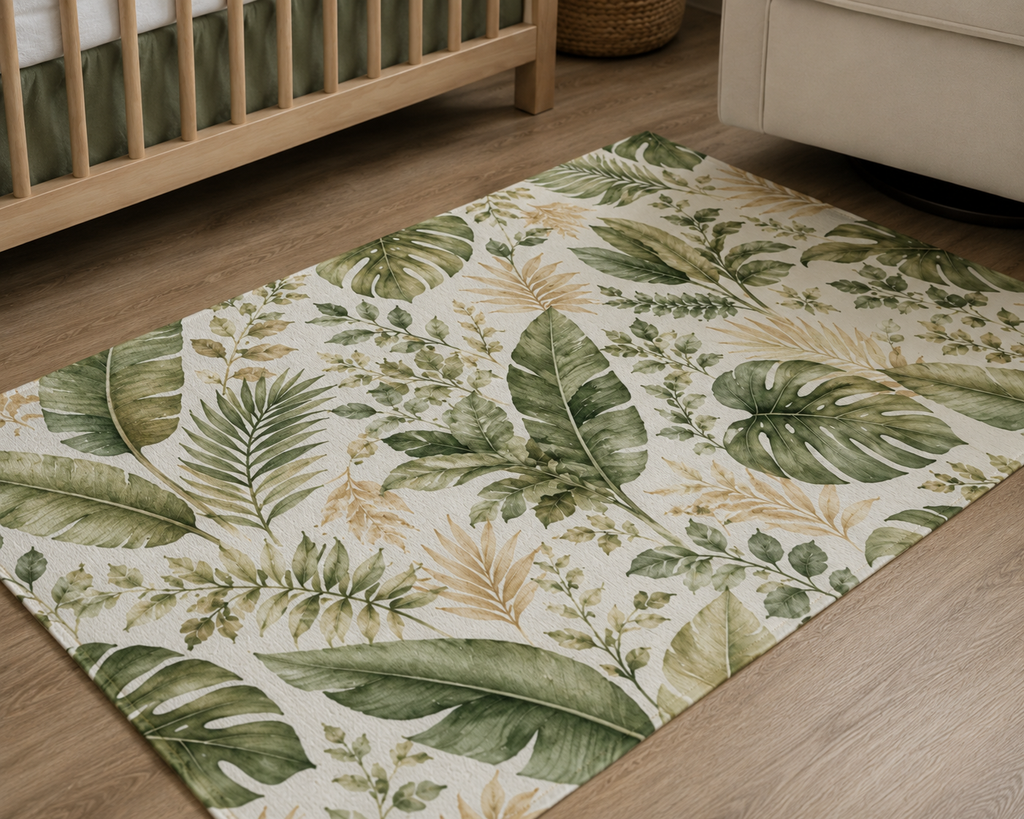A rectangular area rug with a tropical leaf pattern in shades of green and beige on an off-white background, shown on a light wood floor in a nursery setting next to a crib and sofa.
