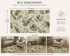 Rug dimensions infographic showing a tropical leaf patterned area rug. The top section displays the rug with labeled measurements of 4 ft by 2.