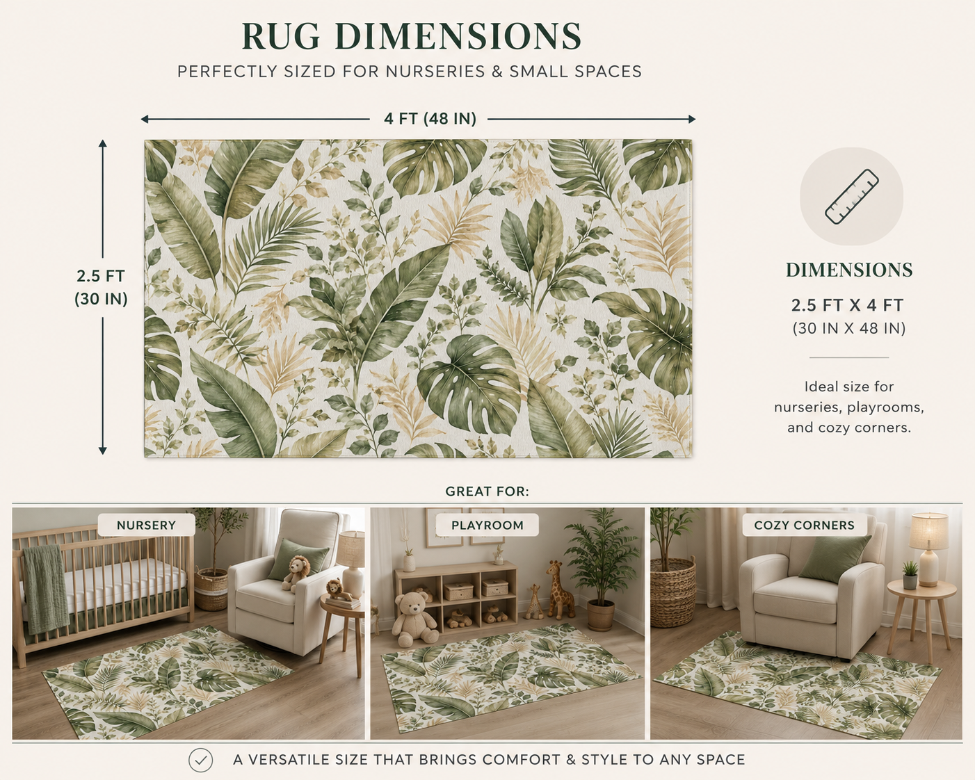 Rug dimensions infographic showing a tropical leaf patterned area rug. The top section displays the rug with labeled measurements of 4 ft by 2.