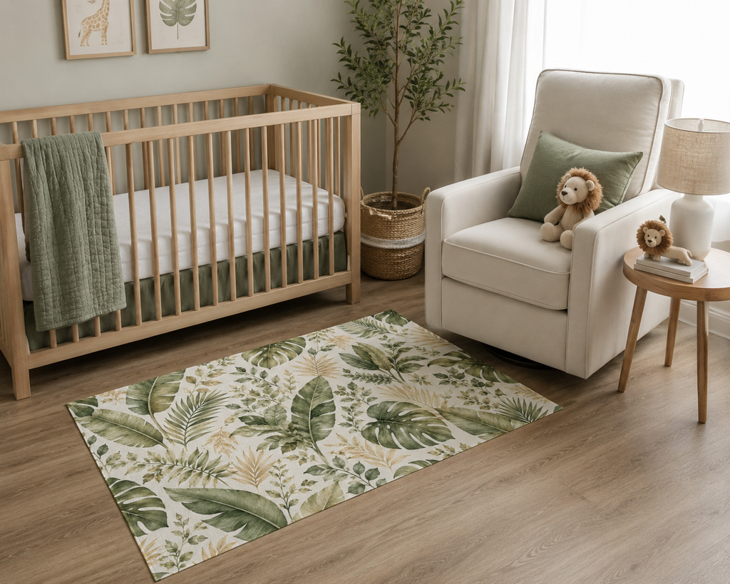 A tropical leaf pattern area rug in a neutral-toned nursery setting, styled with a wooden crib, a cream-colored armchair, and a small side table.