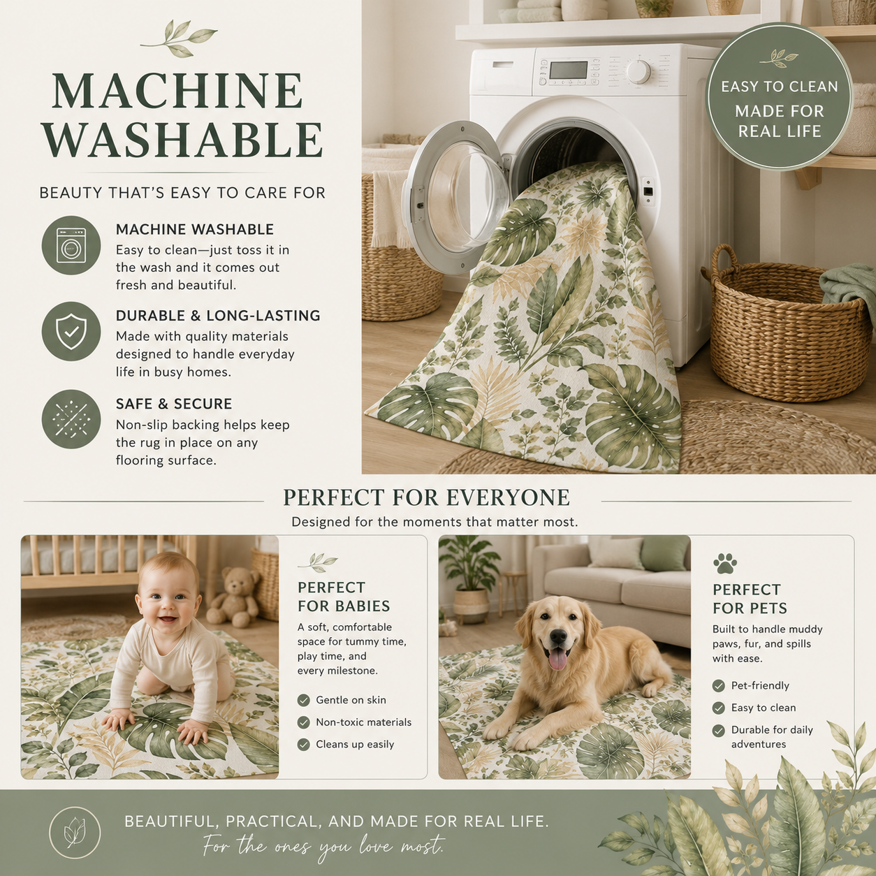 A machine-washable area rug with a green and beige botanical pattern, shown being washed in a white washing machine. The image includes text overlays highlighting key features such as 'Machine Washable', 'Durable & Long-Lasting', and 'Perfect for Everyone', along with lifestyle photos of a baby and a dog on the rug.