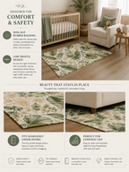 A rectangular area rug with a green and beige botanical pattern shown in a styled living room and nursery setting, with text callouts about comfort, safety, non-slip backing, and everyday use.