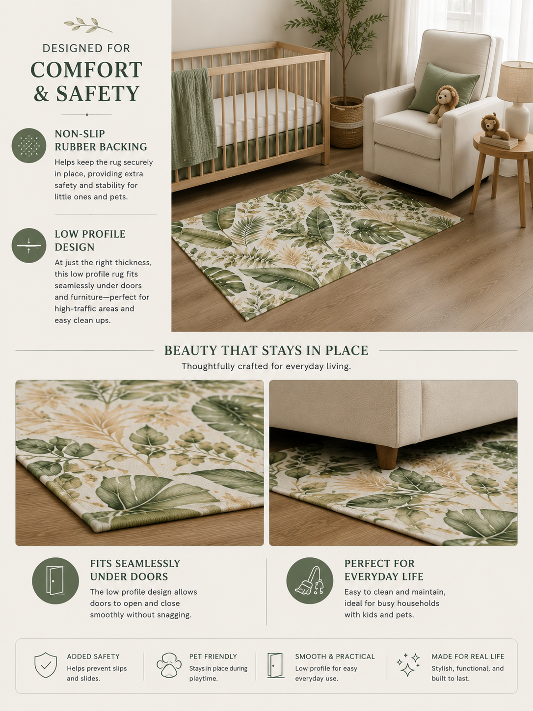 A rectangular area rug with a green and beige botanical pattern shown in a styled living room and nursery setting, with text callouts about comfort, safety, non-slip backing, and everyday use.