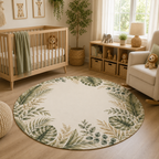 Daniel Collection Safari Leaves Round Nursery Rug | Neutral Botanical Nursery Rug | 5 Ft Round Kids Room Rug | Safari Nursery Decor