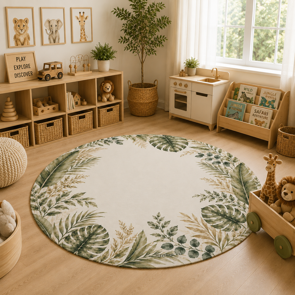 Daniel Collection Safari Leaves Round Nursery Rug | Neutral Botanical Nursery Rug | 5 Ft Round Kids Room Rug | Safari Nursery Decor