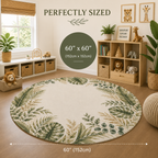 Daniel Collection Safari Leaves Round Nursery Rug | Neutral Botanical Nursery Rug | 5 Ft Round Kids Room Rug | Safari Nursery Decor