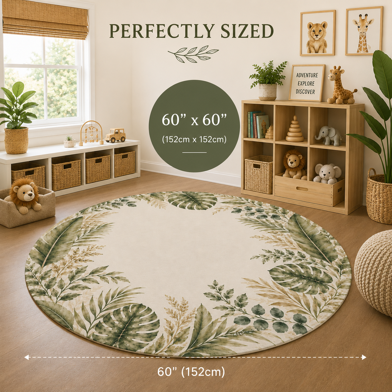 Daniel Collection Safari Leaves Round Nursery Rug | Neutral Botanical Nursery Rug | 5 Ft Round Kids Room Rug | Safari Nursery Decor