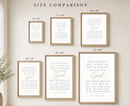 A size comparison chart showing six framed Bible verse prints in different dimensions, labeled 8"x10", 11"x14", 16"x20", 18"x24", 24"x36", and 32"x48", arranged on a beige wall under the heading 'SIZE COMPARISON'.
