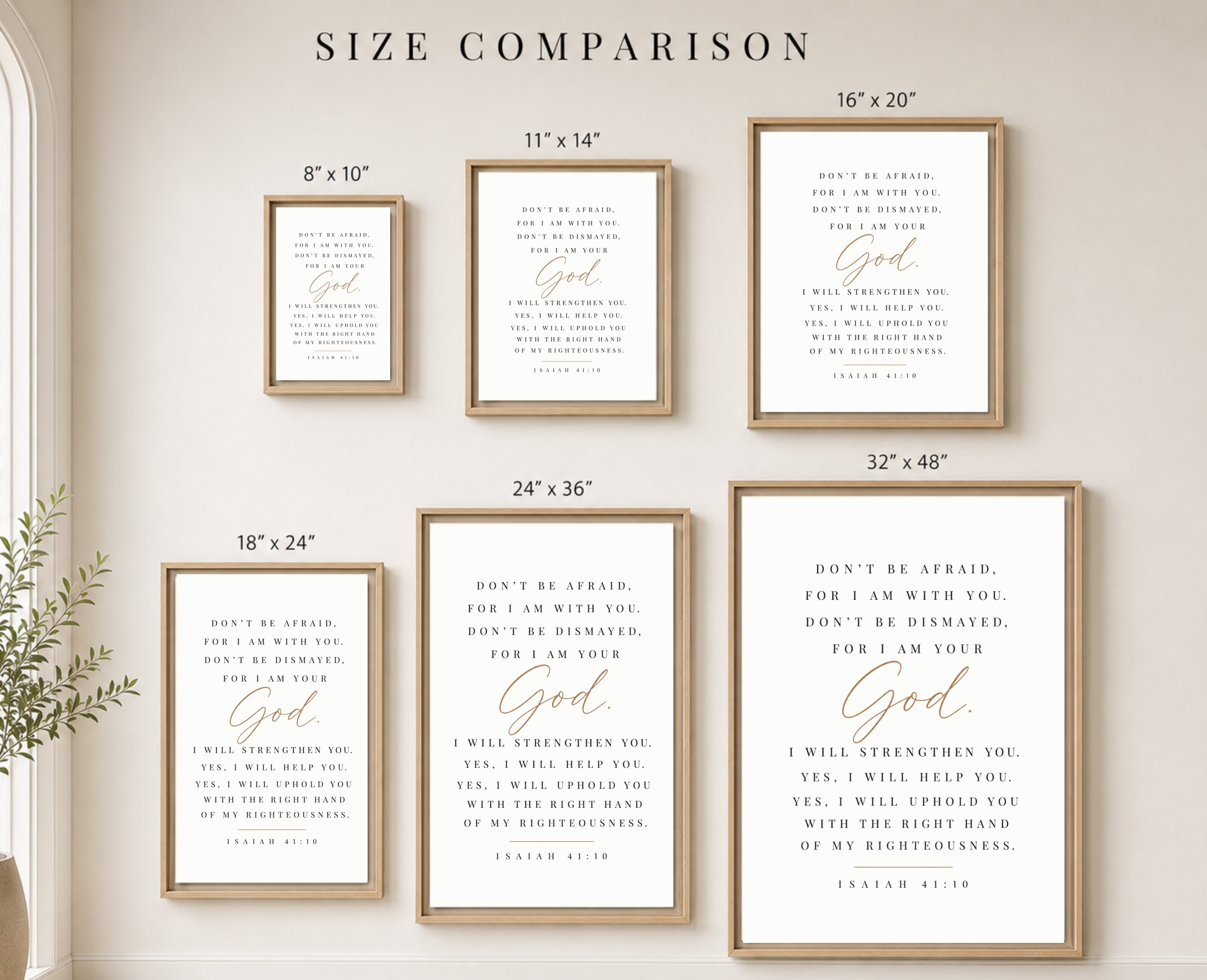 A size comparison chart showing six framed Bible verse prints in different dimensions, labeled 8"x10", 11"x14", 16"x20", 18"x24", 24"x36", and 32"x48", arranged on a beige wall under the heading 'SIZE COMPARISON'.