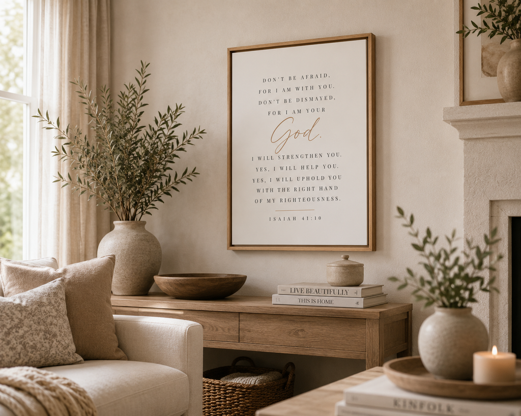 A framed vertical wall art print with a Bible verse in elegant black and gold script, styled in a warm, neutral-toned living room above a wooden console table.
