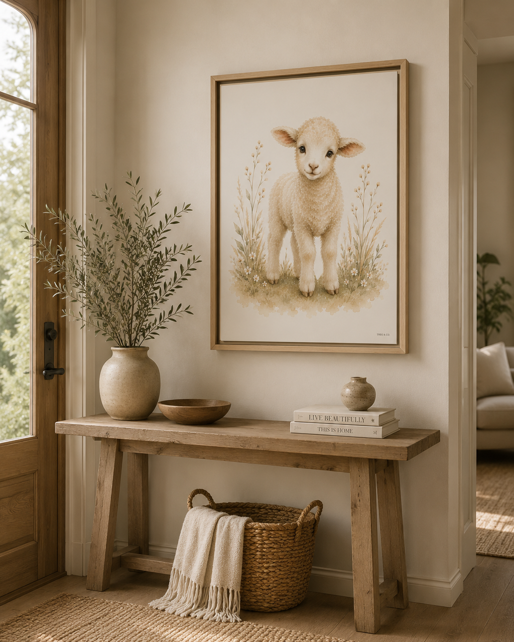A hung framed floating canvas of a Baby Lamb looking at the viewer in a watercolor green floral field. It is styled on a wooden console table with a vase, bowl, and books in a warm, neutral-toned room.