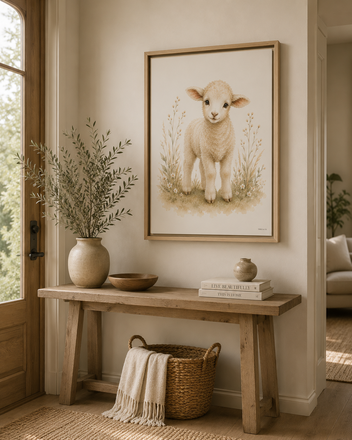 A hung framed floating canvas of a Baby Lamb looking at the viewer in a watercolor green floral field. It is styled on a wooden console table with a vase, bowl, and books in a warm, neutral-toned room.