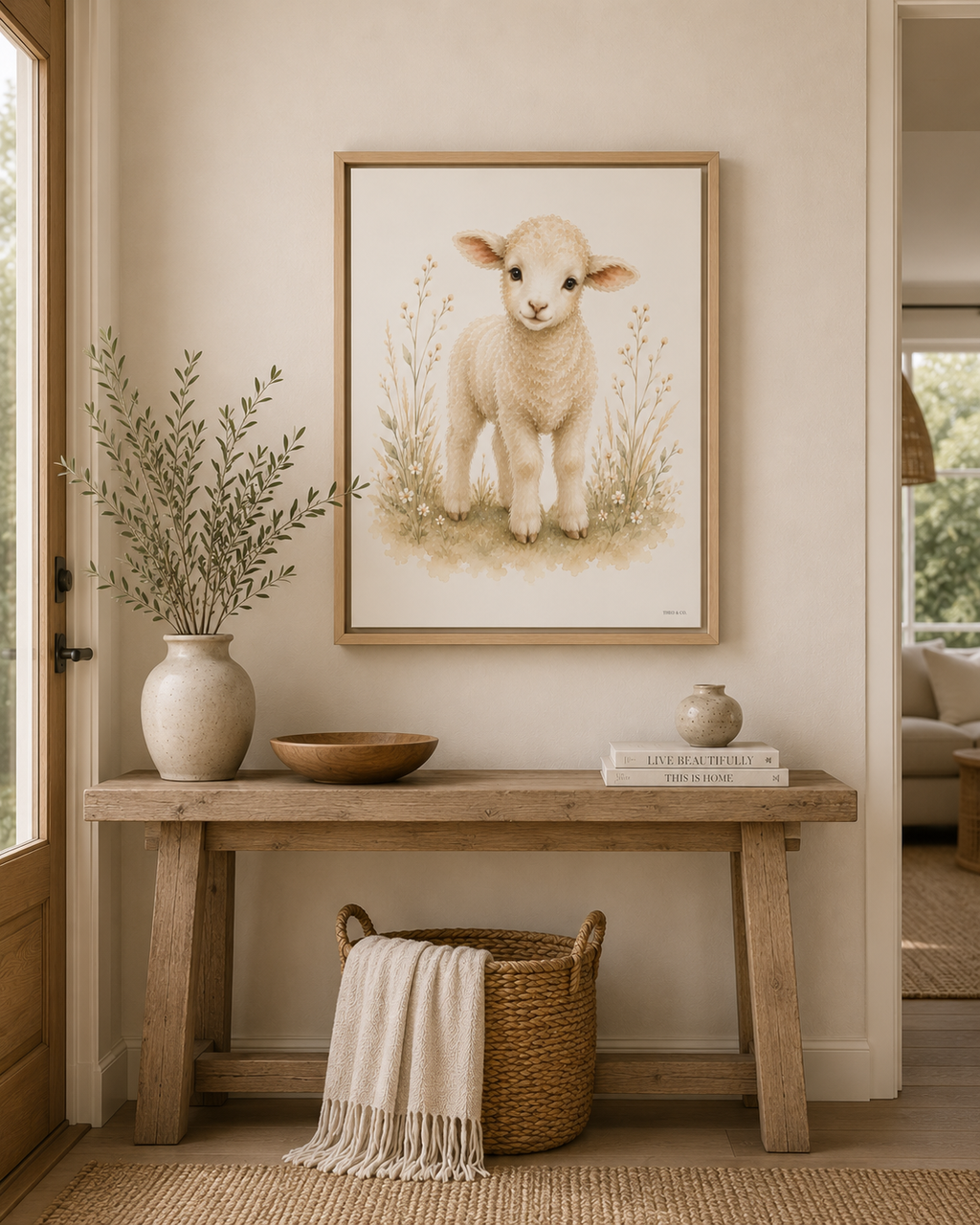 A hung framed floating canvas of a Baby Lamb looking at the viewer in a watercolor green floral field. It is styled on a wooden console table with a vase, bowl, and books in a warm, neutral-toned room.
