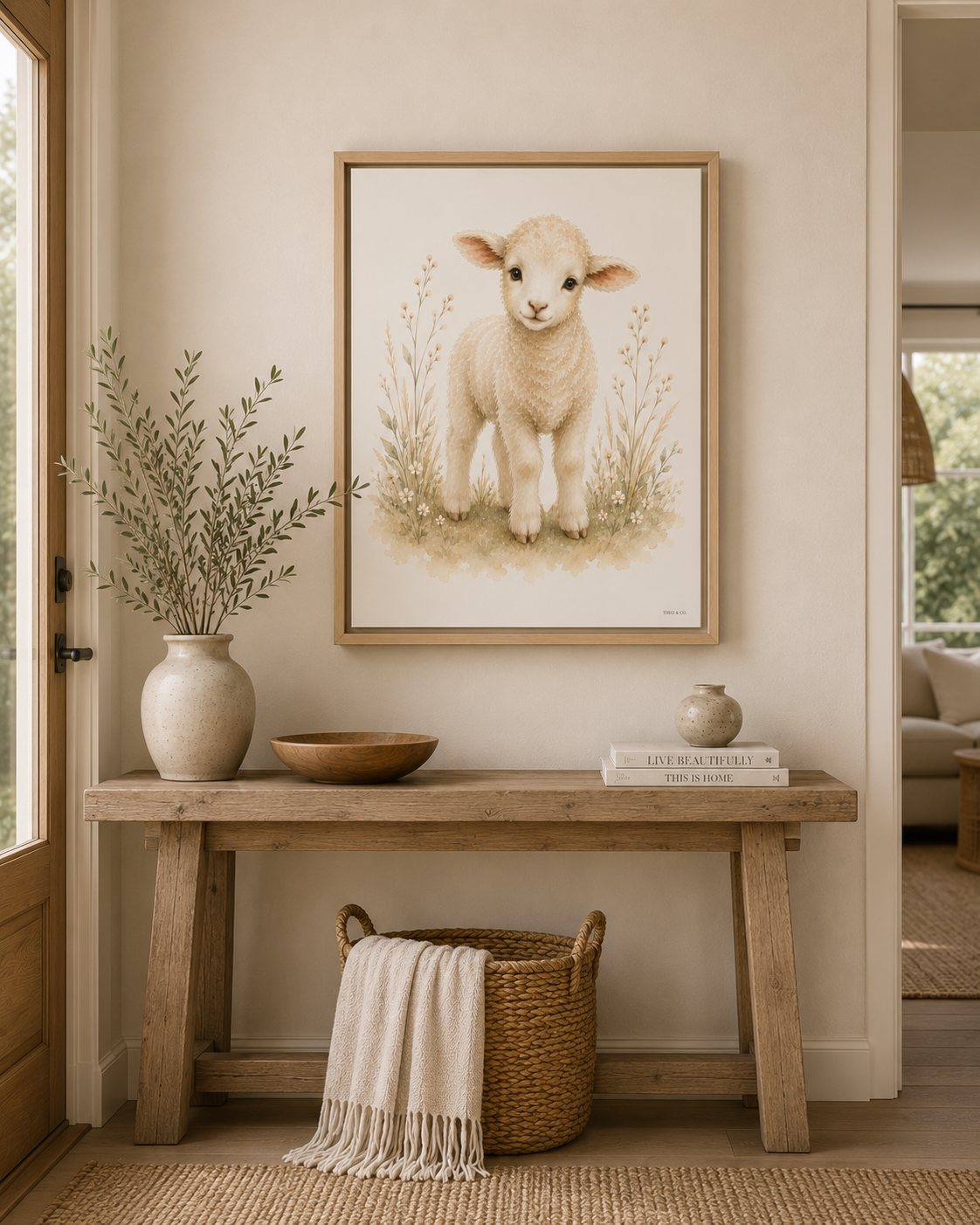 A hung framed floating canvas of a Baby Lamb looking at the viewer in a watercolor green floral field. It is styled on a wooden console table with a vase, bowl, and books in a warm, neutral-toned room.