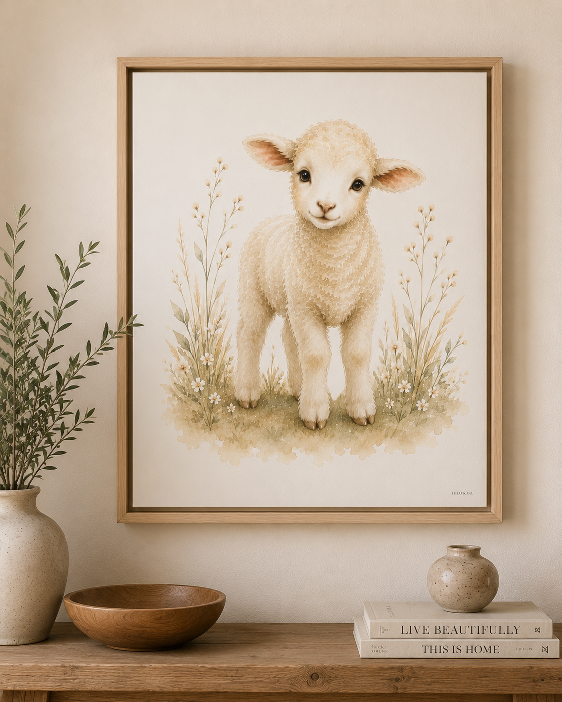 A hung framed floating canvas of a Baby Lamb looking at the viewer in a watercolor green floral field. It is styled on a wooden console table with a vase, bowl, and books in a warm, neutral-toned room.