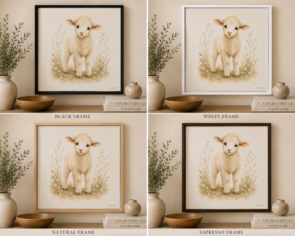 A hung framed floating canvas of a Baby Lamb looking at the viewer in a watercolor green floral field. It is styled on a wooden console table with a vase, bowl, and books in a warm, neutral-toned room. The picture is shown i four frame colors: black, white, espresso, and natural.