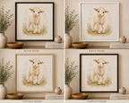 A hung framed floating canvas of a Baby Lamb looking at the viewer in a watercolor green floral field. It is styled on a wooden console table with a vase, bowl, and books in a warm, neutral-toned room. The picture is shown i four frame colors: black, white, espresso, and natural.
