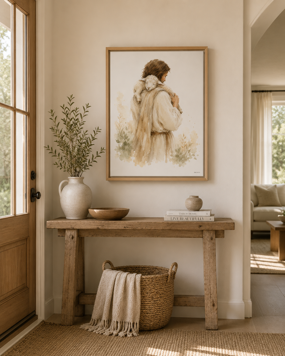 A framed art print depicting a man Jesus in a cream-colored cloak carrying a white lamb, styled on a wooden console table with a vase, bowl, and books in a warm, neutral-toned room.