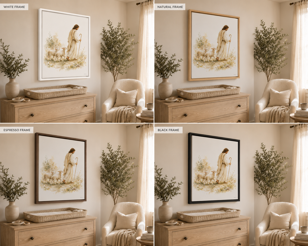 A floating Canvas in a wooden natural frame  artwork showing a man, Jesus, in white robes being a Shepherd leading two lamb behind him while holding a Shepherd's staff in a watercolor green floral field. It is styled above a dresser with a vase, a basket, with an olive tree and cream colored chair in the corner. The colors are very cream and neutral. It is showing 4 frame colors to choose from, white, black, espresso, and natural wood. 