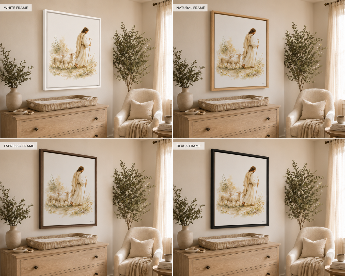 A floating Canvas in a wooden natural frame  artwork showing a man, Jesus, in white robes being a Shepherd leading two lamb behind him while holding a Shepherd's staff in a watercolor green floral field. It is styled above a dresser with a vase, a basket, with an olive tree and cream colored chair in the corner. The colors are very cream and neutral. It is showing 4 frame colors to choose from, white, black, espresso, and natural wood. 