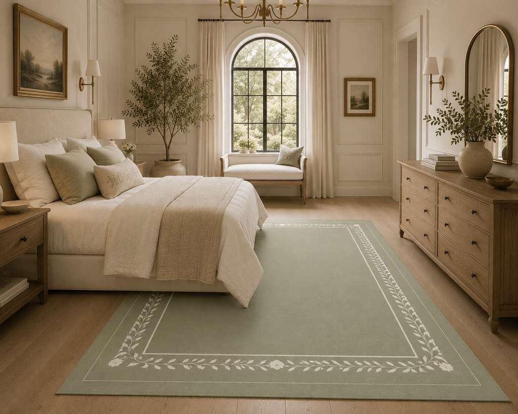 A sage green area rug with a white floral border is styled in a bright, elegant bedroom with a wooden bed, dresser, and a large arched window.