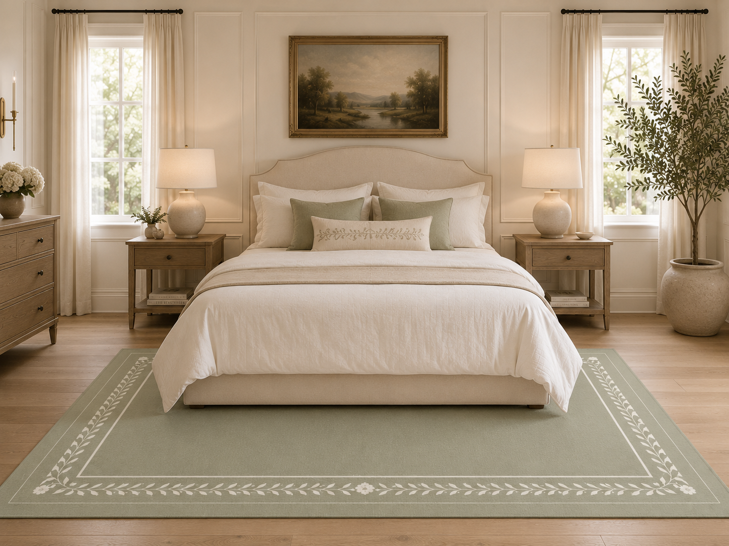 A styled bedroom scene featuring a large sage green area rug with a white decorative border, laid out under a bed with white and sage green bedding. The room has light wood floors, beige walls, matching nightstands and lamps, and a framed landscape painting on the wall.
