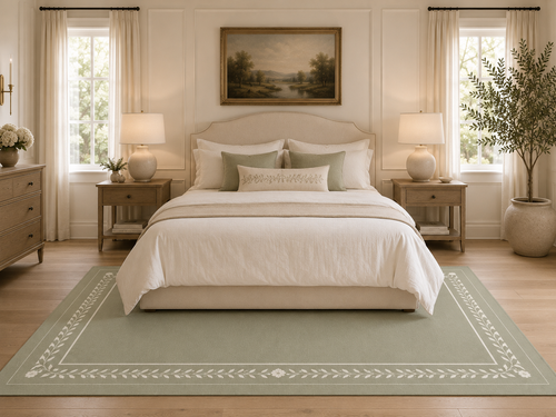 A styled bedroom scene featuring a large sage green area rug with a white decorative border, laid out under a bed with white and sage green bedding. The room has light wood floors, beige walls, matching nightstands and lamps, and a framed landscape painting on the wall.