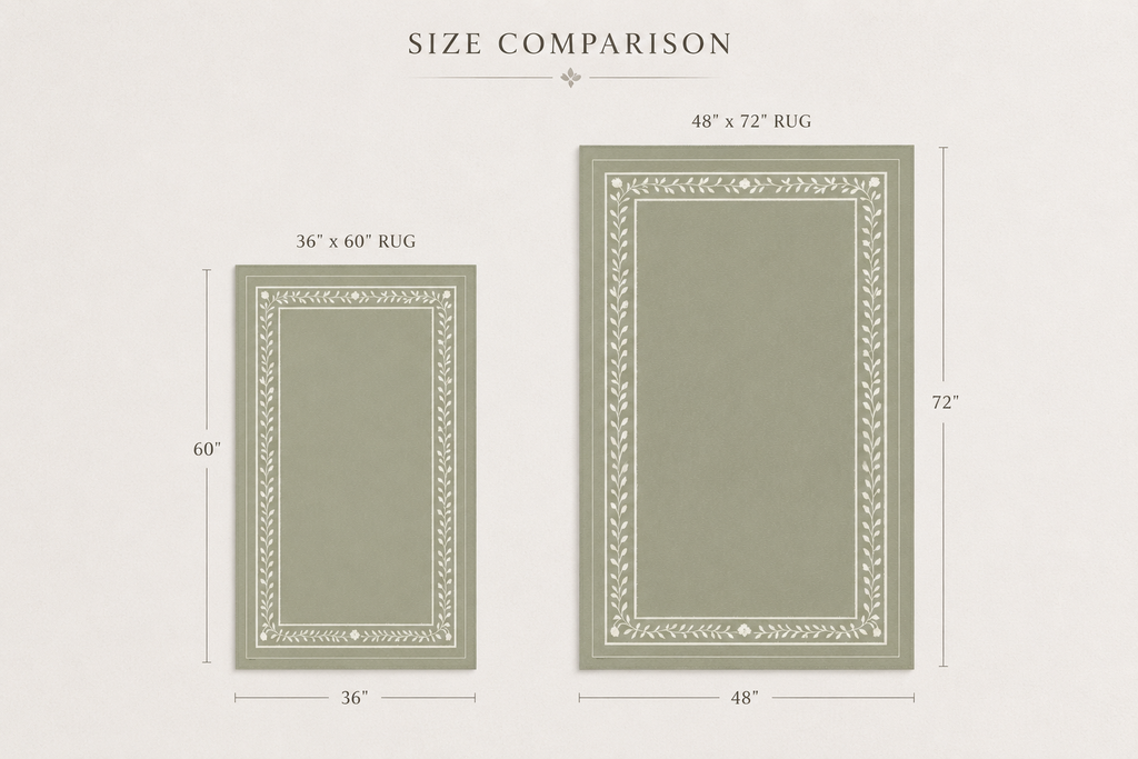 Size comparison chart showing two rectangular rugs with decorative borders, labeled 36" x 60" rug and 48" x 72" rug, with dimension lines and text on a light beige background.