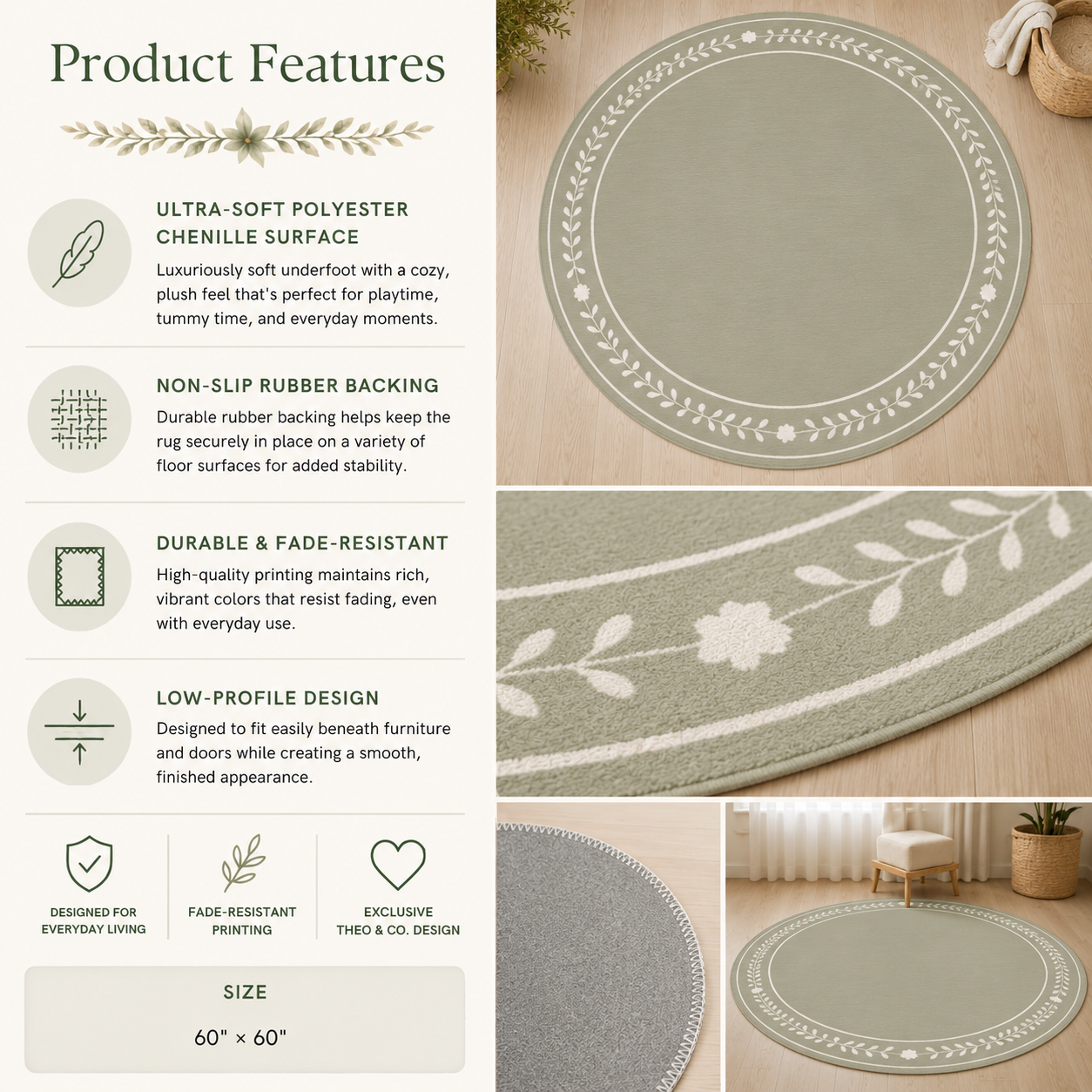 A product feature infographic for a round area rug. The left side lists product features like ultra-soft polyester chenille surface, non-slip rubber backing, and durable fade-resistant printing.
