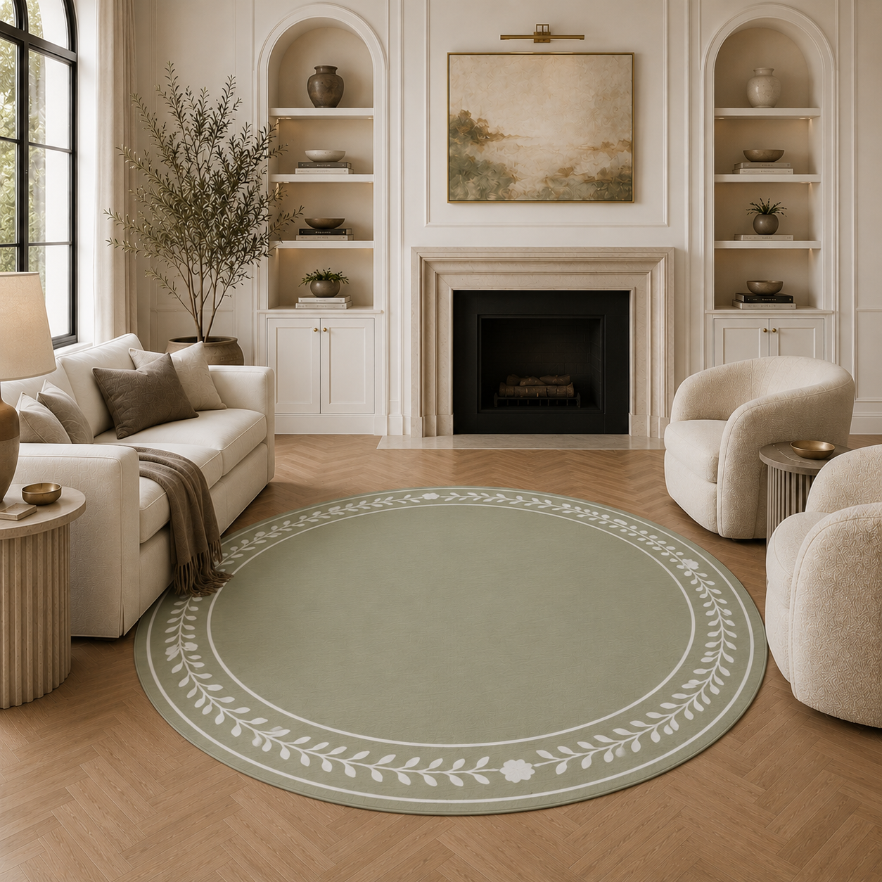 A round area rug in sage green with a white leafy floral border, styled in a bright, modern living room with a fireplace, cream-colored furniture, and wooden flooring.