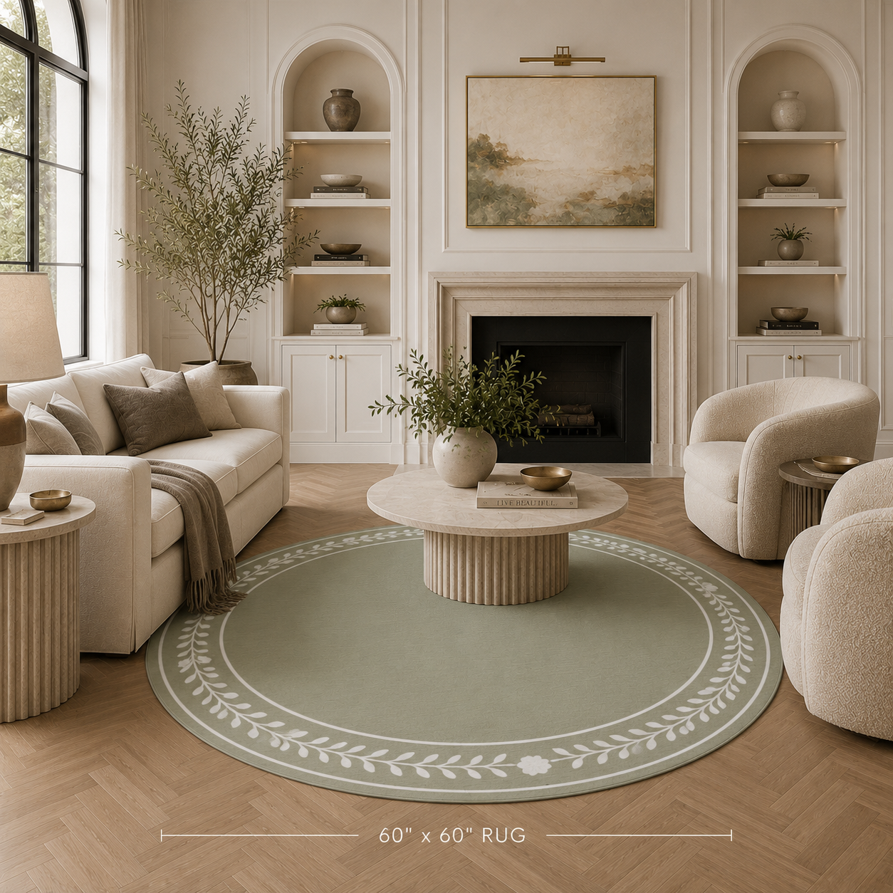 A round sage green rug with a white leafy border is shown in a styled living room. The room features cream-colored furniture, built-in shelves, a fireplace, and a herringbone wood floor.