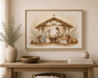 A framed art print depicting a rustic nativity scene hangs on a beige wall above a wooden console table styled with a vase, bowl, and books.