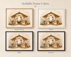 A product presentation showing four framed versions of a nativity scene with different frame options labeled 'Natural Wood,' 'White,' 'Black,' and 'Espresso.' The top of the image includes the text 'Available Frame Colors.