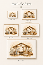 A size chart graphic showing five framed nativity art prints with dimensions labeled: 16" x 12", 20" x 16" (most popular), 24" x 20", 30" x 24", and 40" x 30". The top text reads 'Available Sizes,' and the brand 'THEIO & CO.