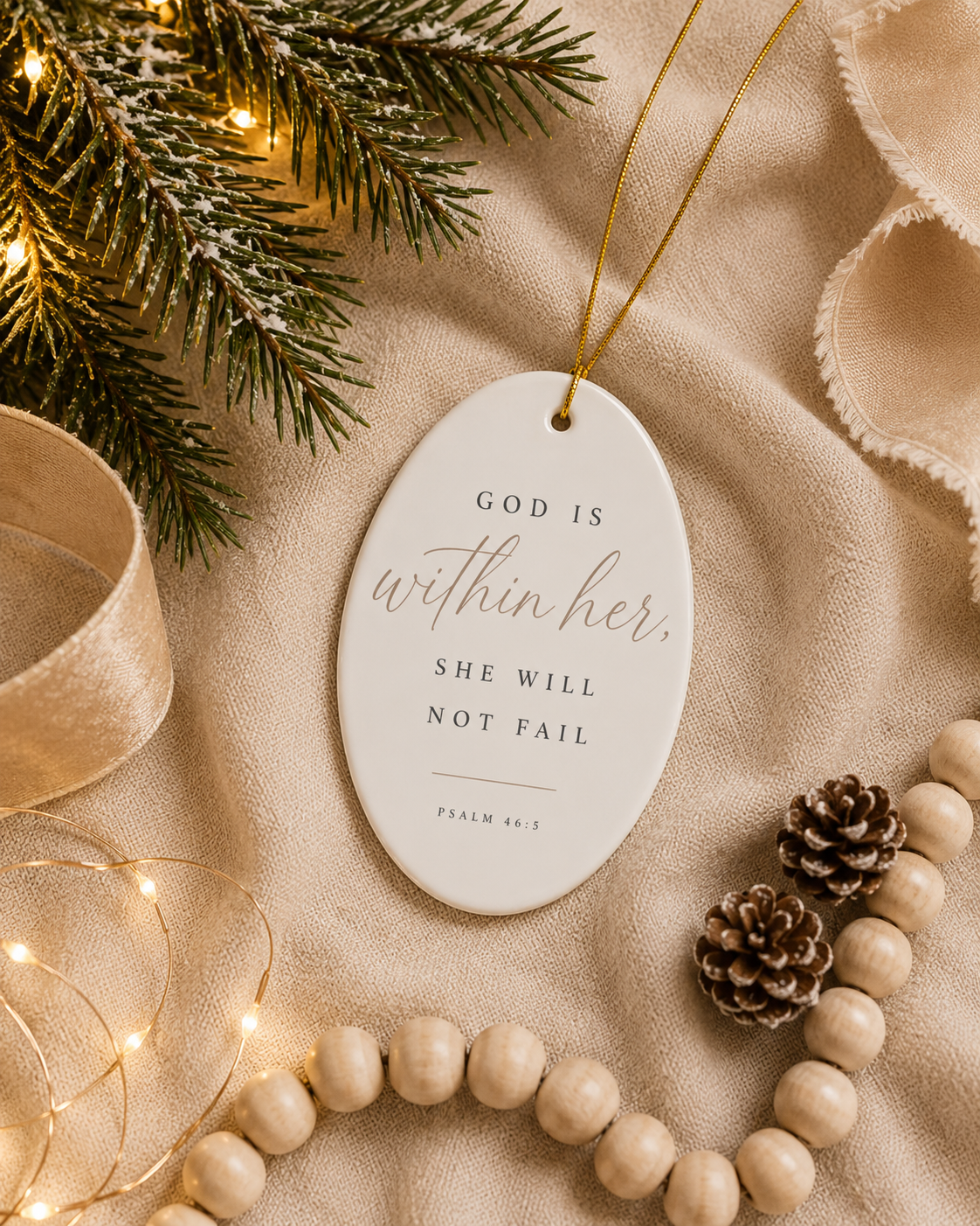 An oval white ceramic Christmas ornament with gold hanging string, printed with the scripture 'GOD IS within her. SHE WILL NOT FAIL PSALM 46:2', styled on beige fabric with pine branches, warm fairy lights, wooden beads, and pinecones.