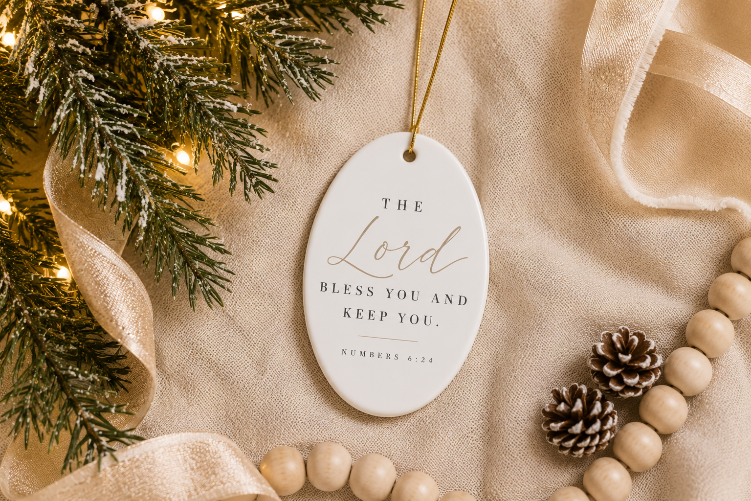An oval white Christmas ornament with elegant gold and black typography reading 'The Lord Bless You and Keep You. Numbers 6:24', styled on a beige fabric background with pine branches, warm string lights, ribbon, wooden beads, and pinecones.