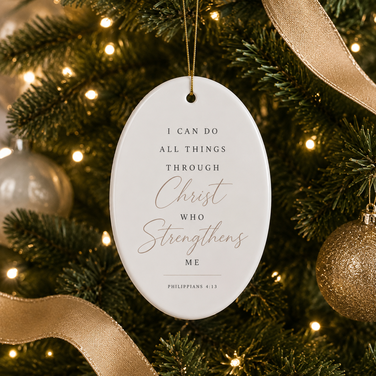 An oval white Christmas ornament with gold hanging string and printed scripture text, displayed on a decorated Christmas tree with green branches, warm lights, and gold ribbon.