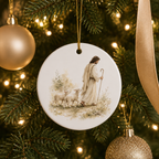 A round white ceramic Christmas ornament featuring a painted illustration of a shepherd with sheep, hanging on a decorated Christmas tree with warm lights and gold ornaments.