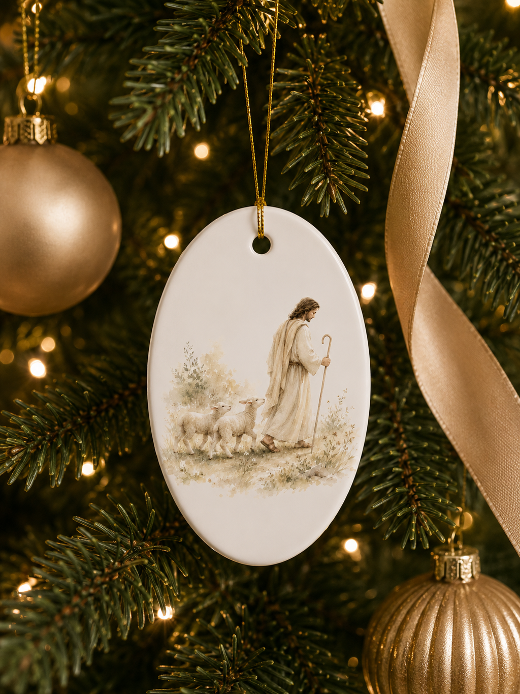 An oval white ceramic Christmas ornament featuring a painted illustration of Jesus walking with sheep, hanging from a decorated Christmas tree with gold lights, pine branches, and a beige ribbon.