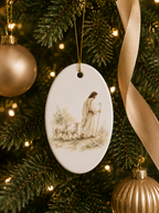 An oval white ceramic Christmas ornament featuring a painted illustration of Jesus walking with sheep, hanging from a decorated Christmas tree with gold lights, pine branches, and a beige ribbon.