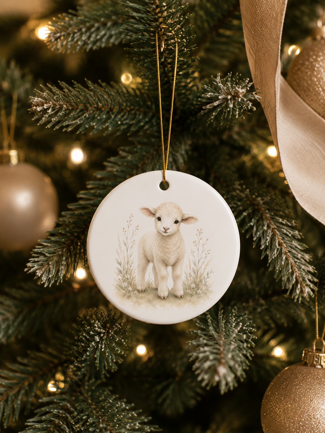 A round white ceramic Christmas ornament featuring a painted white lamb standing in a small field, hanging from a gold string on a decorated Christmas tree with green branches and warm lights.