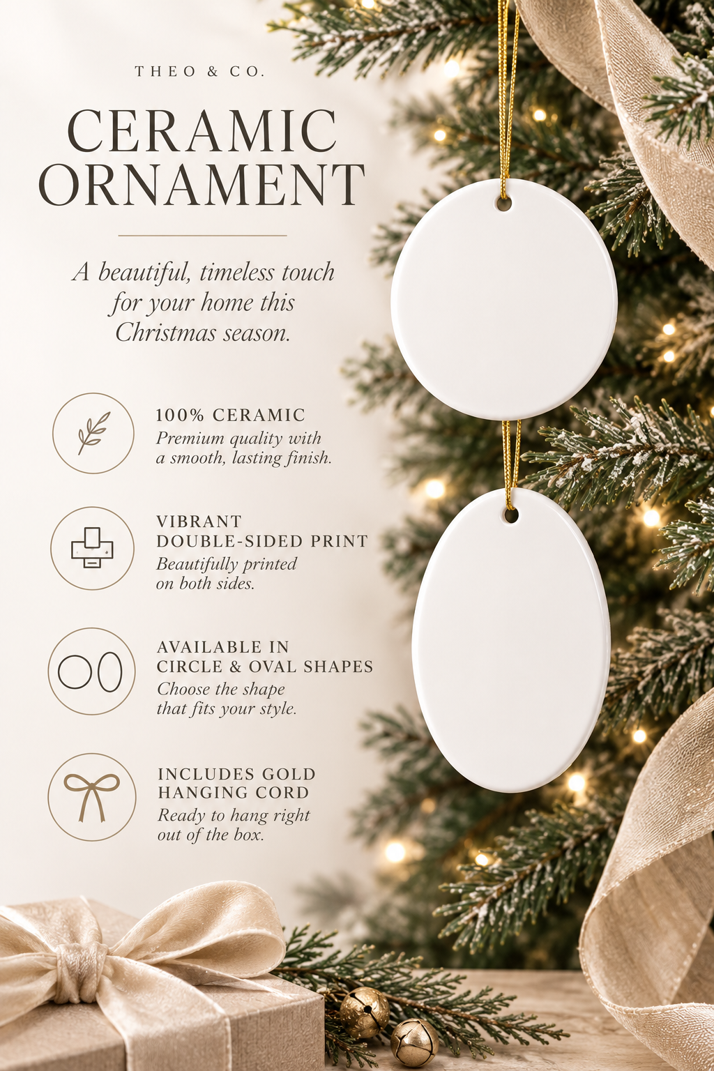 Promotional graphic for Theo & Co. Ceramic Ornament, showing two white oval hanging ornaments on a decorated Christmas tree with gold lights and ribbons.