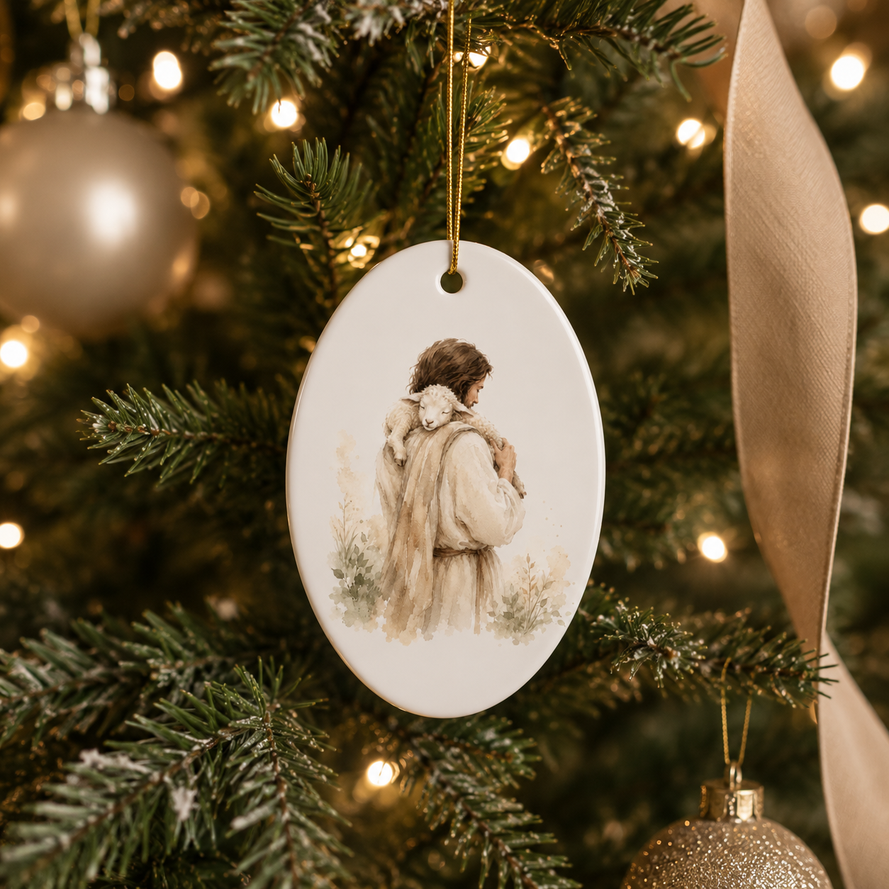 An oval ceramic Christmas ornament featuring a painted illustration of a figure in a fur coat carrying a small lamb, hanging on a decorated Christmas tree with warm lights.