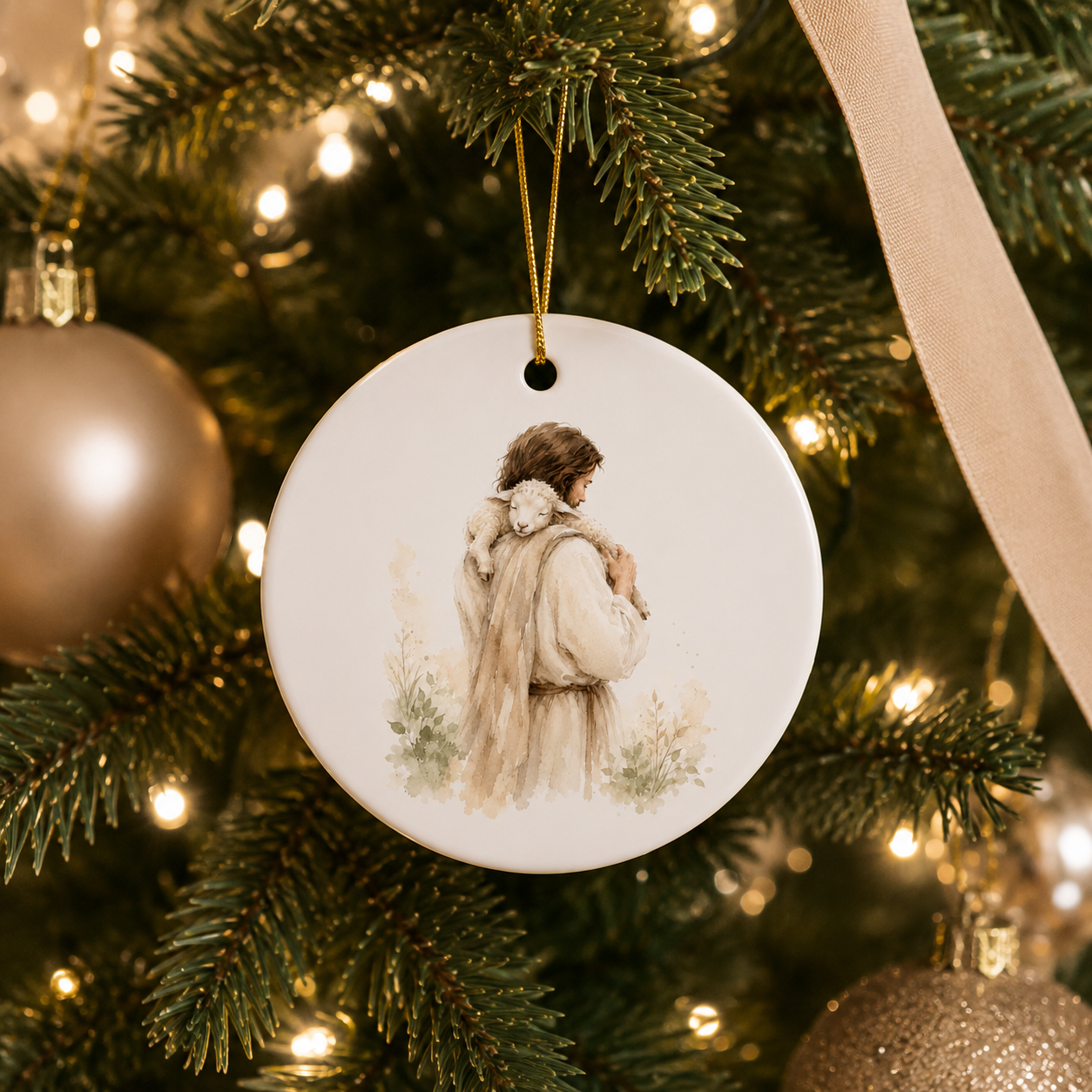 A round white ceramic Christmas ornament hanging from a decorated Christmas tree. The ornament features a watercolor-style illustration of a man carrying a white lamb on his shoulders, with warm holiday lights and gold ornaments in the background.